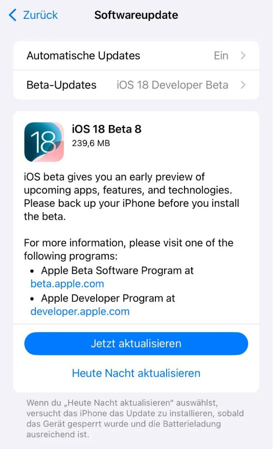 满洲里苹果手机维修分享苹果 iOS / iPadOS 18 开发者预览版 Beta 8 发布 